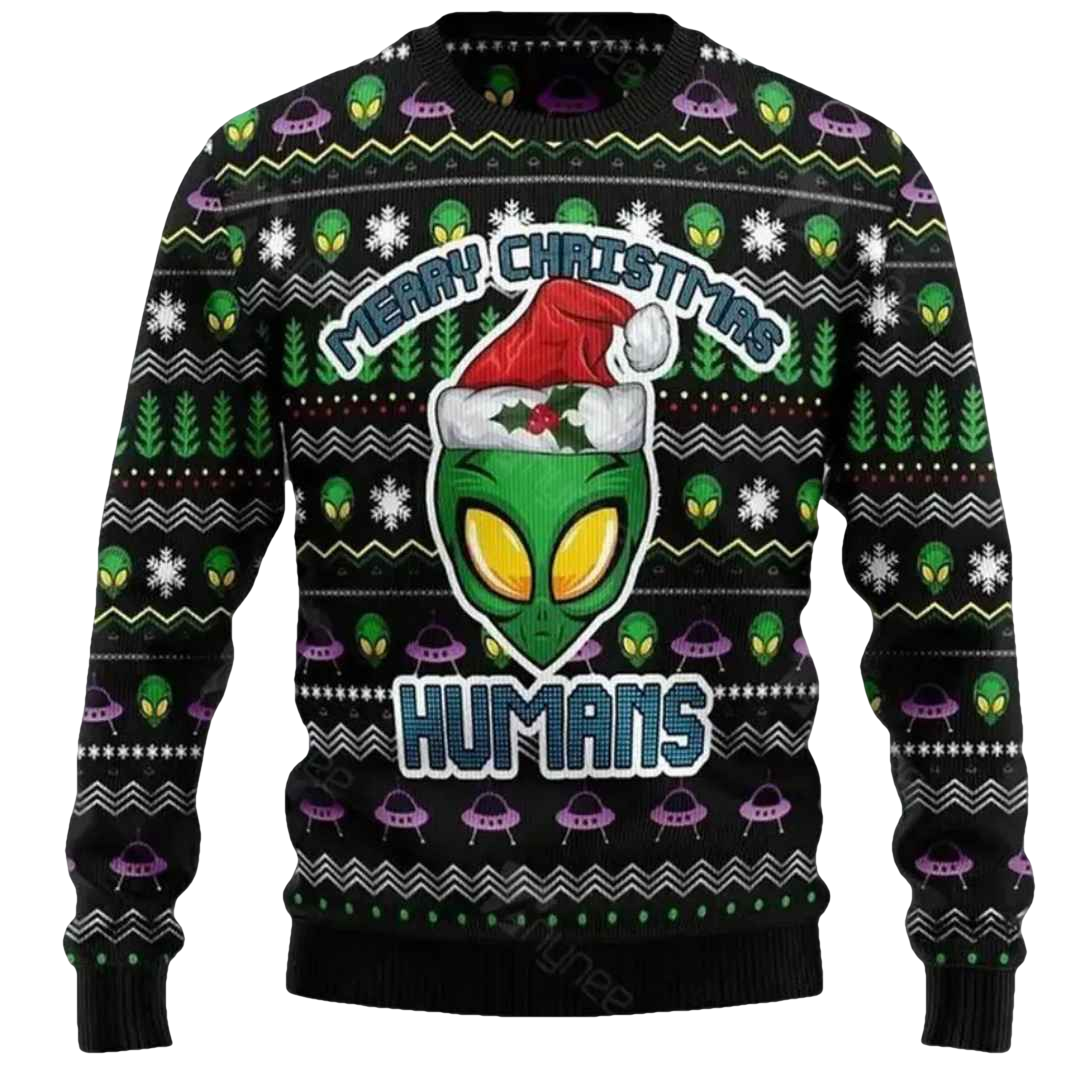 Alien Merry Christmas Humans Ugly Christmas Sweater - Moonbestprint