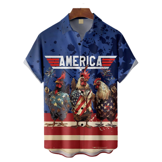 Independence Day Rooster American Flag Hawaiian Shirt- Moonbestprint