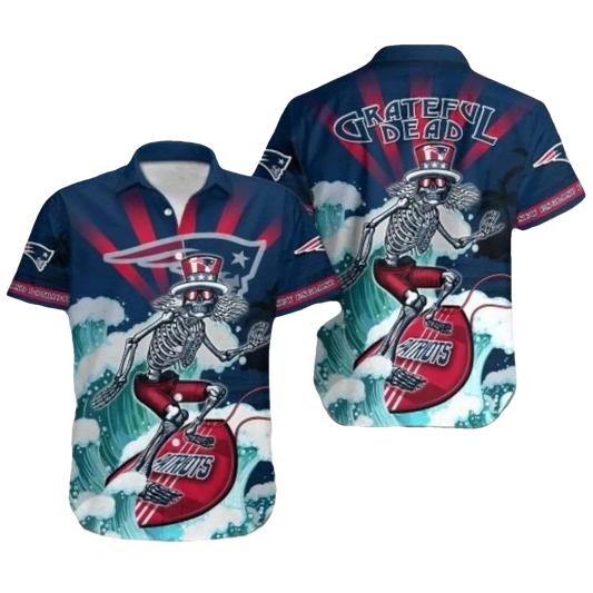 New England Patriots Grateful Dead Skull And Guitar Tribute Hawaiian Shirt - Moonbestprint