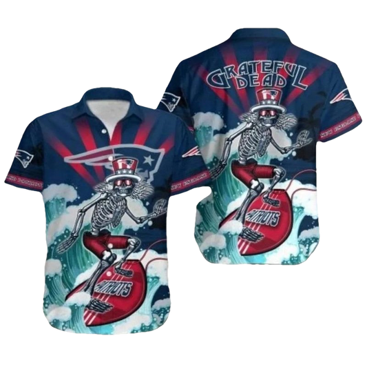 New England Patriots Grateful Dead Skull And Guitar Tribute Hawaiian Shirt - Moonbestprint