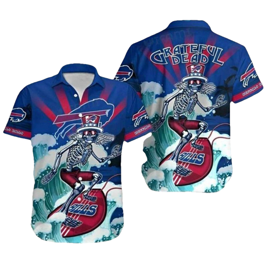Buffalo Bills Grateful Dead Skeleton With Surfboard Hawaiian Shirt - Moonbestprint