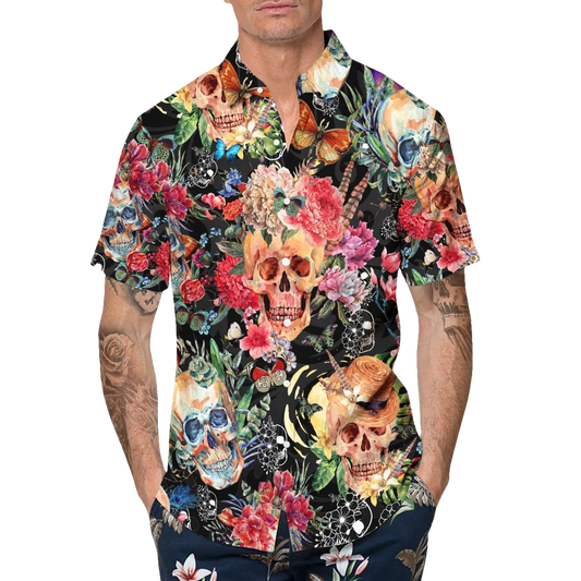 Blossom Flower Skull Hawaiian Shirt, Hawaiian Button Up Shirt, Tropical Shirts For Men Moonbestprint