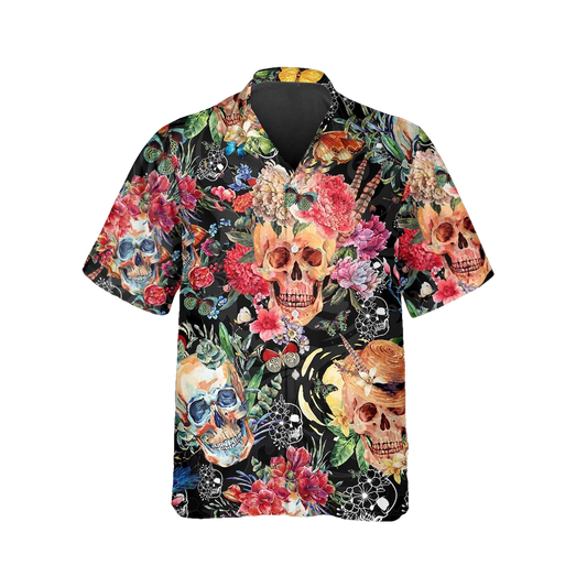 Blossom Flower Skull Hawaiian Shirt, Hawaiian Button Up Shirt, Tropical Shirts For Men Moonbestprint