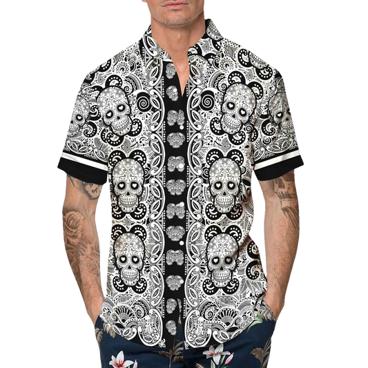 Black Pattern Color Skull Hawaiian Shirt, Hawaiian Button Up Shirt, Tropical Shirts For Men Moonbestprint