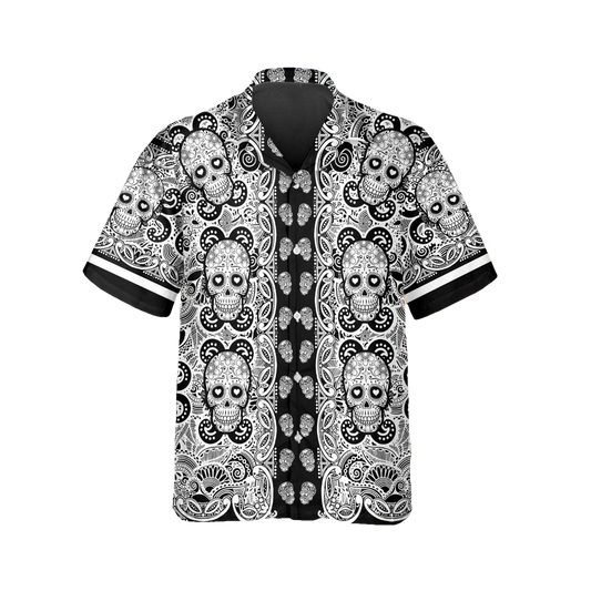 Black Pattern Color Skull Hawaiian Shirt, Hawaiian Button Up Shirt, Tropical Shirts For Men Moonbestprint