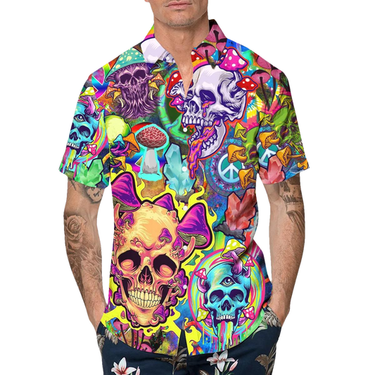 Colorful Mushroom Psychedelic Trippy Skull Hawaiian Shirt, Hawaiian Button Up Shirt, Tropical Shirts For Men Moonbestprint