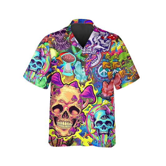 Colorful Mushroom Psychedelic Trippy Skull Hawaiian Shirt, Hawaiian Button Up Shirt, Tropical Shirts For Men Moonbestprint