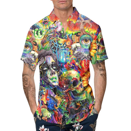 Generic Crazy Trippy Psychedelic Fantasy Colorful Skull Hawaiian Shirt, Hawaiian Button Up Shirt, Tropical Shirts For Men Moonbestprint