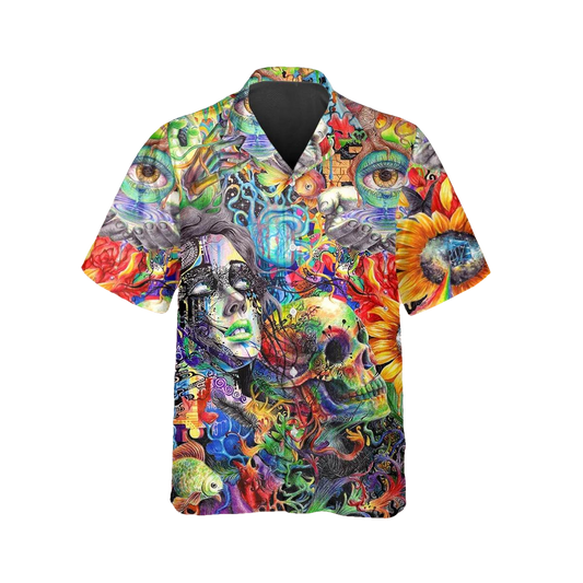 Generic Crazy Trippy Psychedelic Fantasy Colorful Skull Hawaiian Shirt, Hawaiian Button Up Shirt, Tropical Shirts For Men Moonbestprint