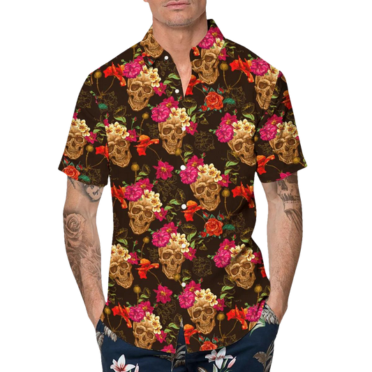 Flower Garden Floral Skull Hawaiian Shirt, Hawaiian Button Up Shirt, Tropical Shirts For Men Moonbestprint