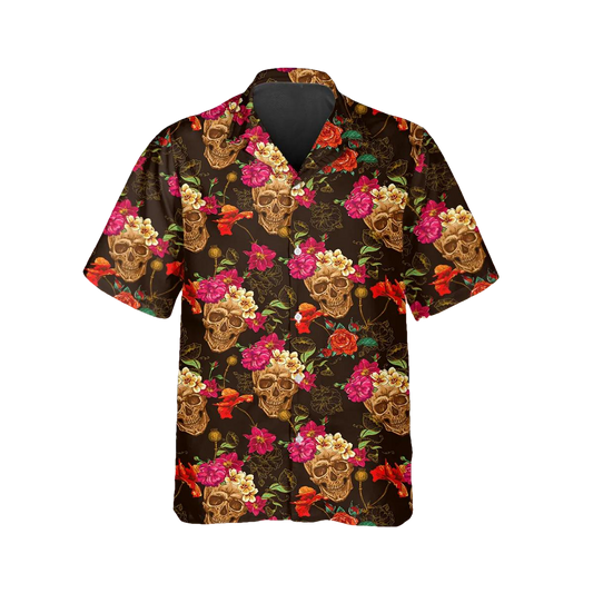 Flower Garden Floral Skull Hawaiian Shirt, Hawaiian Button Up Shirt, Tropical Shirts For Men Moonbestprint