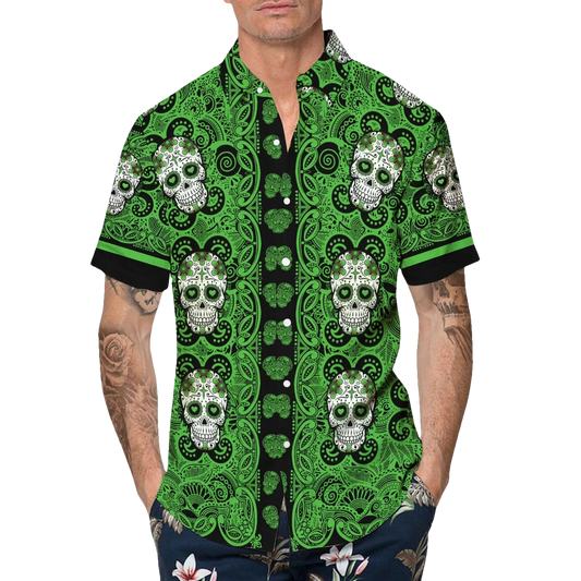Green Pattern Color Skull Hawaiian Shirt, Hawaiian Button Up Shirt, Tropical Shirts For Men Moonbestprint