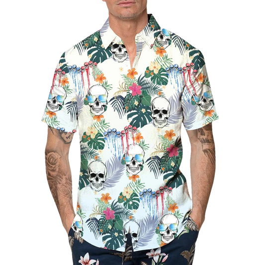 Happy Summer Grinning Skull Hawaiian Shirt, Hawaiian Button Up Shirt, Tropical Shirts For Men Moonbestprint