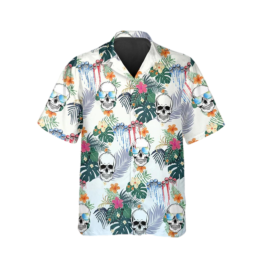 Happy Summer Grinning Skull Hawaiian Shirt, Hawaiian Button Up Shirt, Tropical Shirts For Men Moonbestprint