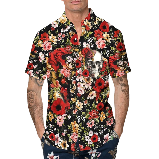 Happy Summer Flowers Grinning Skull Hawaiian Shirt, Hawaiian Button Up Shirt, Tropical Shirts For Men Moonbestprint