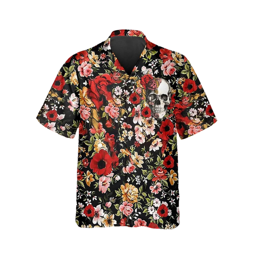 Happy Summer Flowers Grinning Skull Hawaiian Shirt, Hawaiian Button Up Shirt, Tropical Shirts For Men Moonbestprint