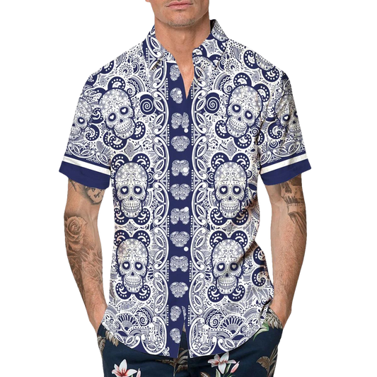Navy Pattern Color Skull Hawaiian Shirt, Hawaiian Button Up Shirt, Tropical Shirts For Men Moonbestprint