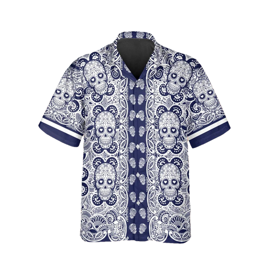Navy Pattern Color Skull Hawaiian Shirt, Hawaiian Button Up Shirt, Tropical Shirts For Men Moonbestprint