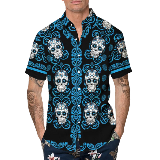 Pattern Color Sky Blue Skull Hawaiian Shirt, Hawaiian Button Up Shirt, Tropical Shirts For Men Moonbestprint