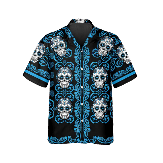 Pattern Color Sky Blue Skull Hawaiian Shirt, Hawaiian Button Up Shirt, Tropical Shirts For Men Moonbestprint