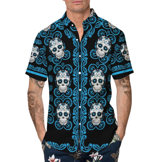 Pattern Blue Color Skull Hawaiian Shirt, Hawaiian Button Up Shirt, Tropical Shirts For Men Moonbestprint