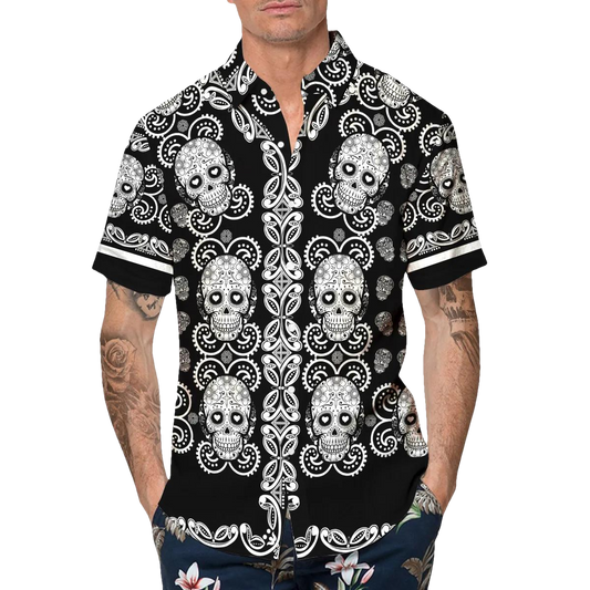Pattern Color Black Skull Hawaiian Shirt, Hawaiian Button Up Shirt, Tropical Shirts For Men Moonbestprint