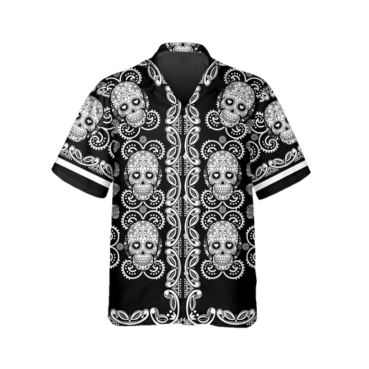 Pattern Color Black Skull Hawaiian Shirt, Hawaiian Button Up Shirt, Tropical Shirts For Men Moonbestprint