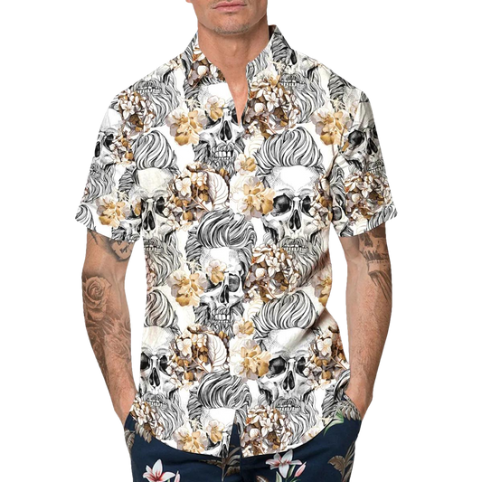 Pattern Flower Happy Summer Skull Hawaiian Shirt, Hawaiian Button Up Shirt, Tropical Shirts For Men Moonbestprint