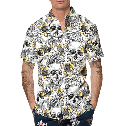 Pattern Flower Skull Hawaiian Shirt, Hawaiian Button Up Shirt, Tropical Shirts For Men Moonbestprint