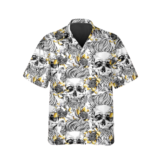 Pattern Flower Skull Hawaiian Shirt, Hawaiian Button Up Shirt, Tropical Shirts For Men Moonbestprint