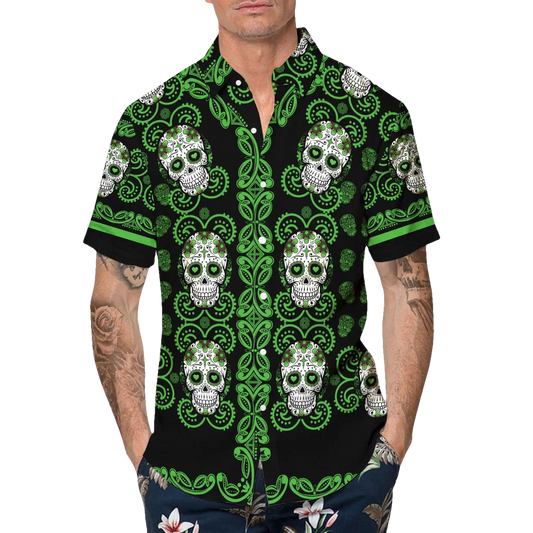 Pattern Green Color Skull Hawaiian Shirt, Hawaiian Button Up Shirt, Tropical Shirts For Men Moonbestprint