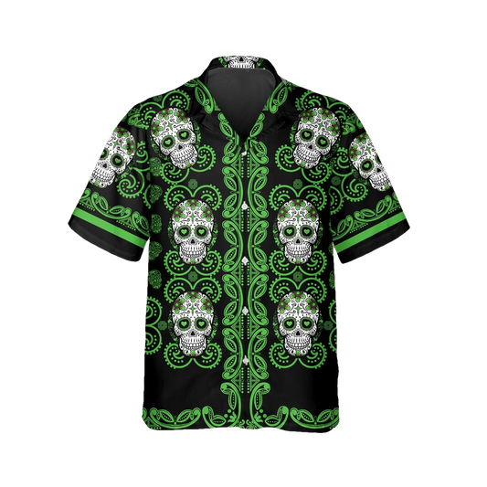 Pattern Green Color Skull Hawaiian Shirt, Hawaiian Button Up Shirt, Tropical Shirts For Men Moonbestprint