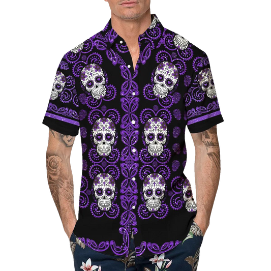 Pattern Purple Color Skull Hawaiian Shirt, Hawaiian Button Up Shirt, Tropical Shirts For Men Moonbestprint