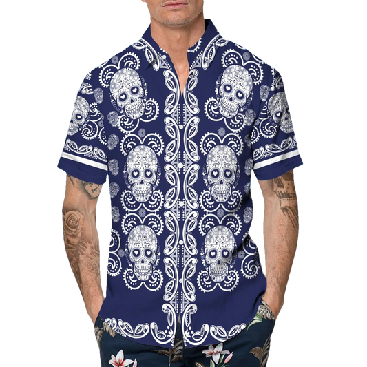 Pattern Navy Color Skull Hawaiian Shirt, Hawaiian Button Up Shirt, Tropical Shirts For Men Moonbestprint