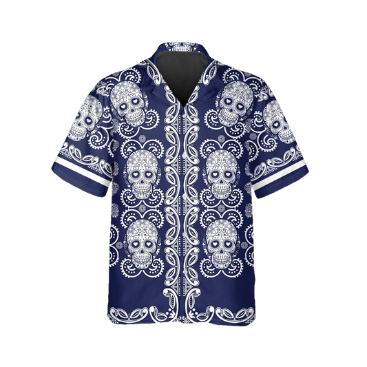 Pattern Navy Color Skull Hawaiian Shirt, Hawaiian Button Up Shirt, Tropical Shirts For Men Moonbestprint