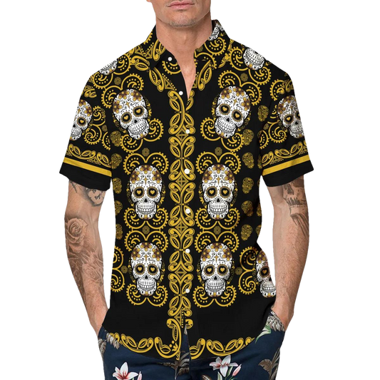 Pattern Yellow Color Skull Hawaiian Shirt, Hawaiian Button Up Shirt, Tropical Shirts For Men Moonbestprint