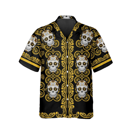 Pattern Yellow Color Skull Hawaiian Shirt, Hawaiian Button Up Shirt, Tropical Shirts For Men Moonbestprint