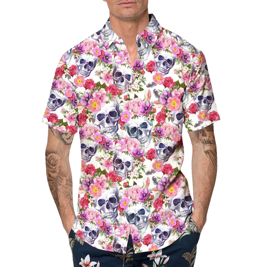 Pink Blossom Flowers Skull Hawaiian Shirt, Hawaiian Button Up Shirt, Tropical Shirts For Men Moonbestprint