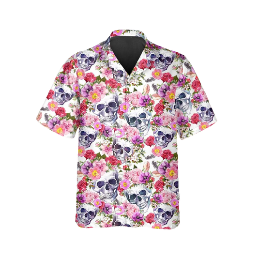 Pink Blossom Flowers Skull Hawaiian Shirt, Hawaiian Button Up Shirt, Tropical Shirts For Men Moonbestprint