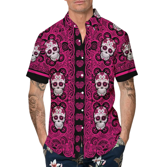 Pink Pattern Color Skull Hawaiian Shirt, Hawaiian Button Up Shirt, Tropical Shirts For Men Moonbestprint