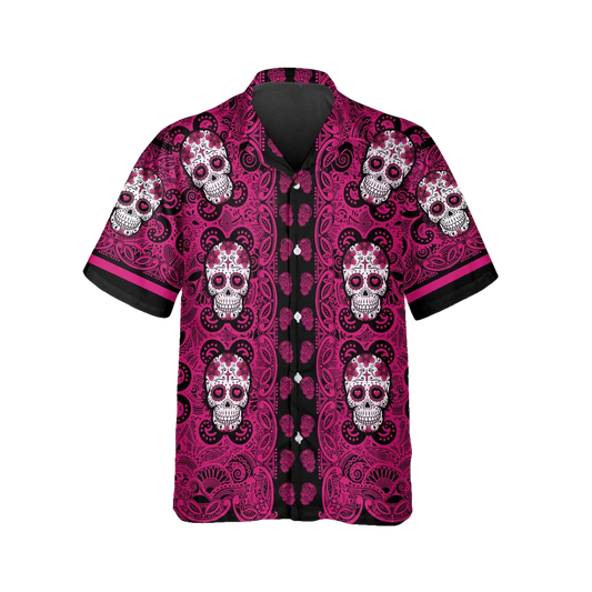 Pink Pattern Color Skull Hawaiian Shirt, Hawaiian Button Up Shirt, Tropical Shirts For Men Moonbestprint