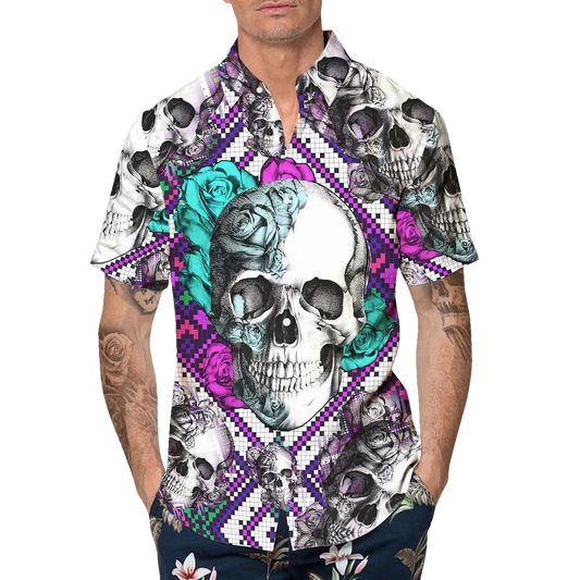 Purple And Teal Aztec Rose Skull Hawaiian Shirt, Hawaiian Button Up Shirt, Tropical Shirts For Men Moonbestprint