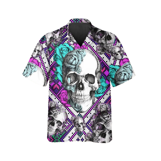 Purple And Teal Aztec Rose Skull Hawaiian Shirt, Hawaiian Button Up Shirt, Tropical Shirts For Men Moonbestprint