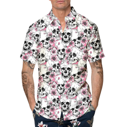 Pink Pattern Happy Summer Skull Hawaiian Shirt, Hawaiian Button Up Shirt, Tropical Shirts For Men Moonbestprint