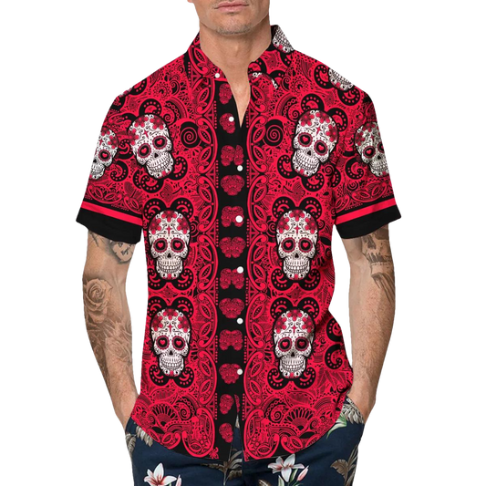 Red Pattern Color Skull Hawaiian Shirt, Hawaiian Button Up Shirt, Tropical Shirts For Men Moonbestprint