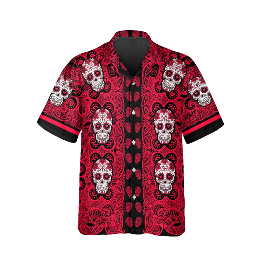Red Pattern Color Skull Hawaiian Shirt, Hawaiian Button Up Shirt, Tropical Shirts For Men Moonbestprint