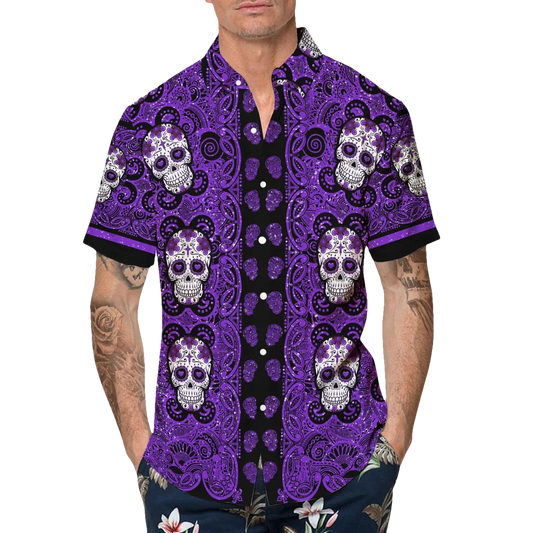 Purple Pattern Color Skull Hawaiian Shirt, Hawaiian Button Up Shirt, Tropical Shirts For Men Moonbestprint