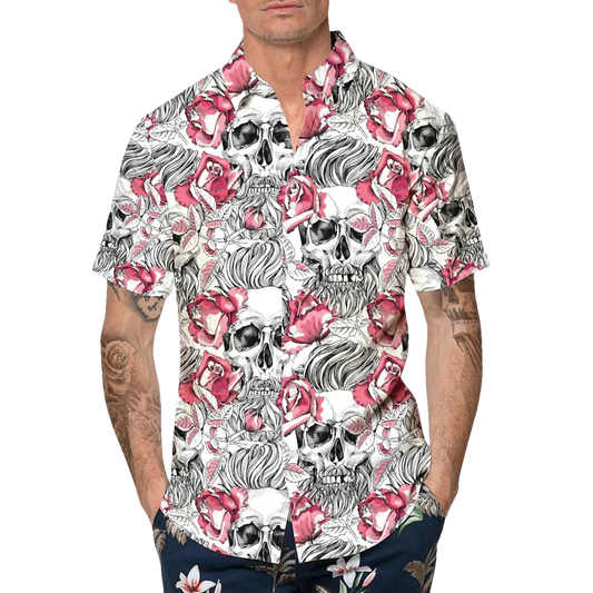 Rose Pattern Happy Summer Skull Hawaiian Shirt, Hawaiian Button Up Shirt, Tropical Shirts For Men Moonbestprint