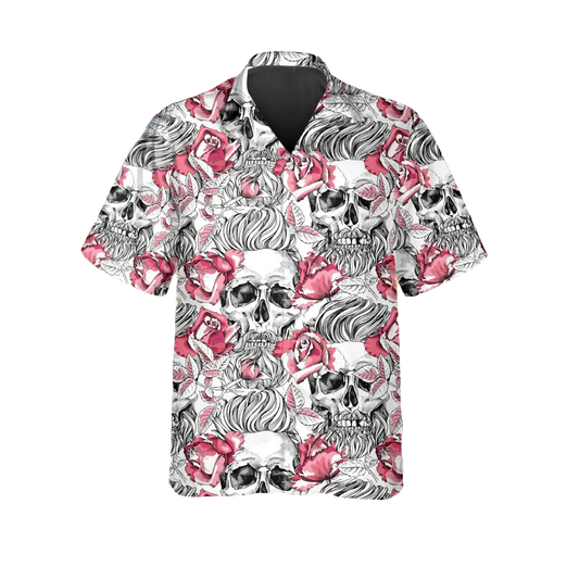 Rose Pattern Happy Summer Skull Hawaiian Shirt, Hawaiian Button Up Shirt, Tropical Shirts For Men Moonbestprint