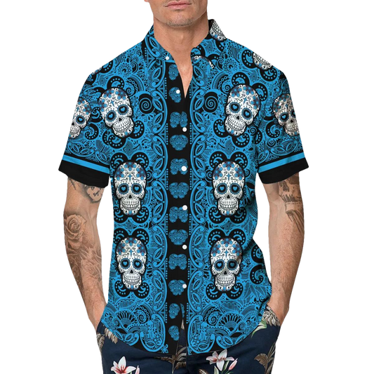 Sky Blue Pattern Color Skull Hawaiian Shirt, Hawaiian Button Up Shirt, Tropical Shirts For Men Moonbestprint